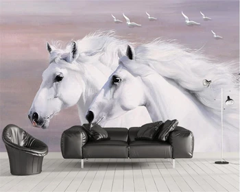 Beibehang Euroopa-stiilis käsitsi maalitud valge paar hobused lendavad linnud TV taustapildina tuba uuringu murals 3d tapeet