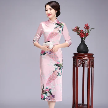 Hiina Stiilis Naine Qipao Elegantne Naiste Slim Pikk Cheongsam Vintage Print Mandarin Krae Pool Kleit Vestidos Suurus S-6XL