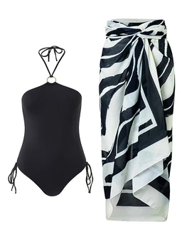 2023 (Solid Color One-Piece Rippus Kaelas Ujumistrikoo Naiste Must Seksikas Supelpüksid ja Kata-Up Elegantne Bikiinid, trikoo Beachwear