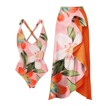 Oranž Flower Print Ujumistrikoo Risti Traksid Slim Bikiinid Naiste Elegantne One-piece Beachwear Mood Ruffle Seelik 2023 Eel-müügist