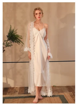 Pidžaama Suspender Silk Nightdress Nightgowns Kahe-osaline Komplekt, Vees lahustuv Flower Mesh Pits Õmblemine Kaua Kodus Riideid Kandma Öö
