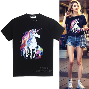 Chun yu yin jia Disainer luksus brändi trendikas värvikas hobune Muster Print graphic Lühikeste varrukatega t-Särk Must Valge Naiste särk