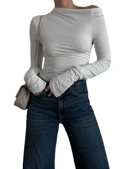 Naised Maha Õla Crop Top Y2K Asümmeetriline Kaelus Pikk Varrukas Basic Särk Tee Cute Slim Paigaldatud T-Särk Clubwear