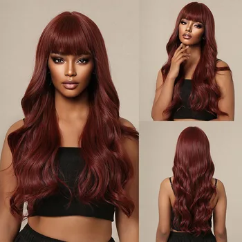Pikk Tume Punane Sünteetiline Parukad Bangs Keha Loomulik Laine Võlts juuksed Mustad Naiste iga Päev Pool Cosplay Parukas kuumakindel