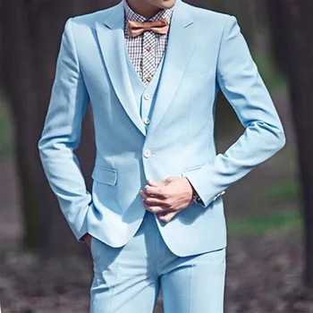 Uus Mood Taevas Sinine Meeste Pulm Kostüümid Üks Nupp Klassikaline Business Meeste Ülikonnad 3 Tükki (Jope+Pant+Vest) Trajes De Hombre