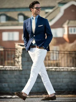 2 Tükki, Sinise Slim Fit Meeste Ülikond Valge Püksid Peigmees Pulmas Smoking Kõnniteed Pulm Äri Meeste Ülikond Komplekt (Jakk+Püksid)