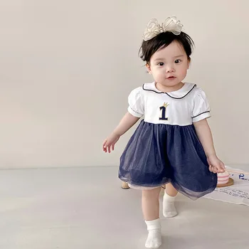Ins 2024 Korea Summer Baby Girl Dress Rinnamikrofon Kaela Lühikesed Varrukad Marli Mood Imiku Tüdruk Kleit Magus Kirjandus Vastsündinud Tüdruk Kleit